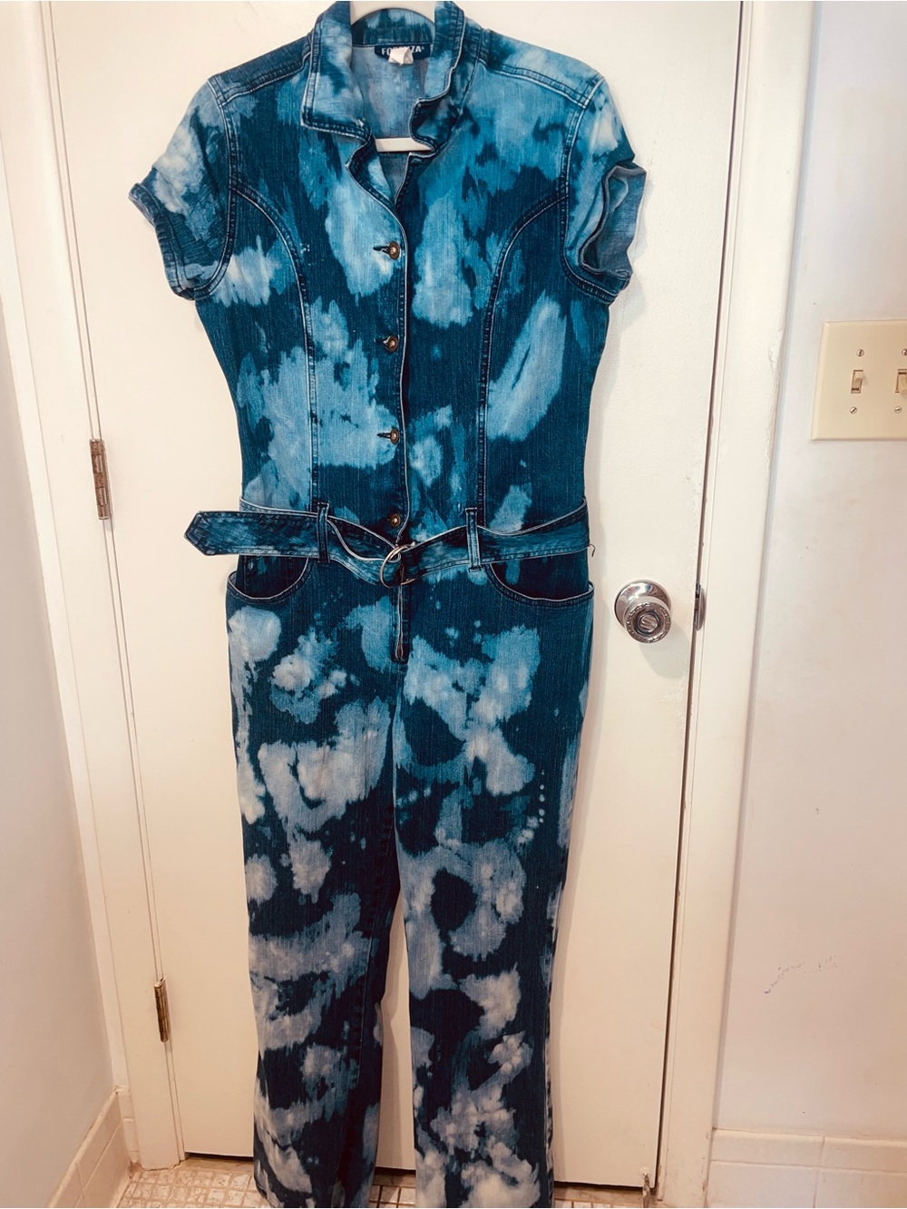 Vintage Forenza acid wash 80s denim jumpsuit button up zip w belt sz 14 one pc
